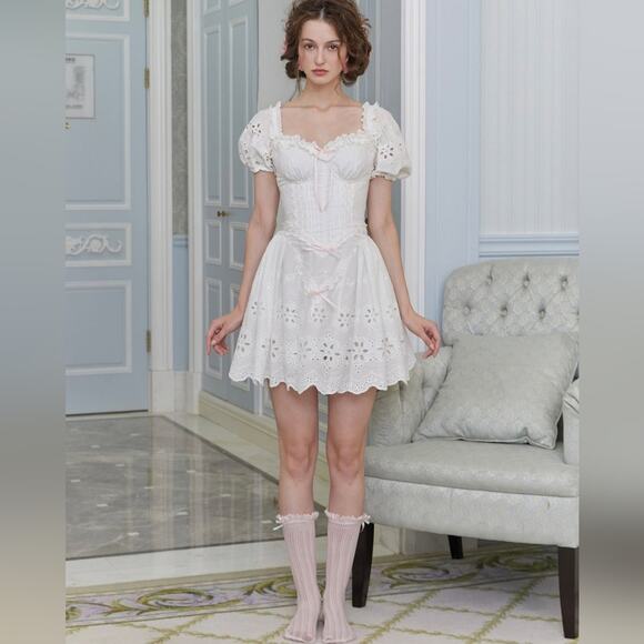 Lacemade Marshmallow Corset Dress White Eyelet Lace Bo Peep Cottagecore, Large - Picture 12 of 14